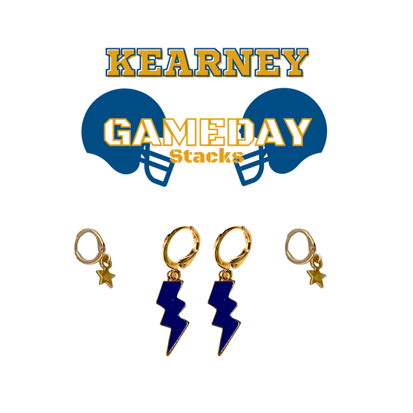 University of Nebraska at Kearney Classic Gameday Earring Stack in navy and golden yellow, Lopers huggie hoop earrings