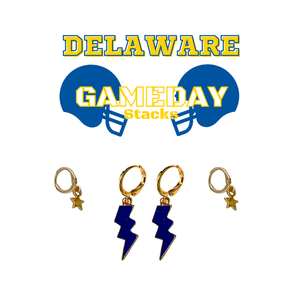 Delaware Classic Gameday Earring Stack in navy and golden yellow, Blue Hens huggie hoop earrings
