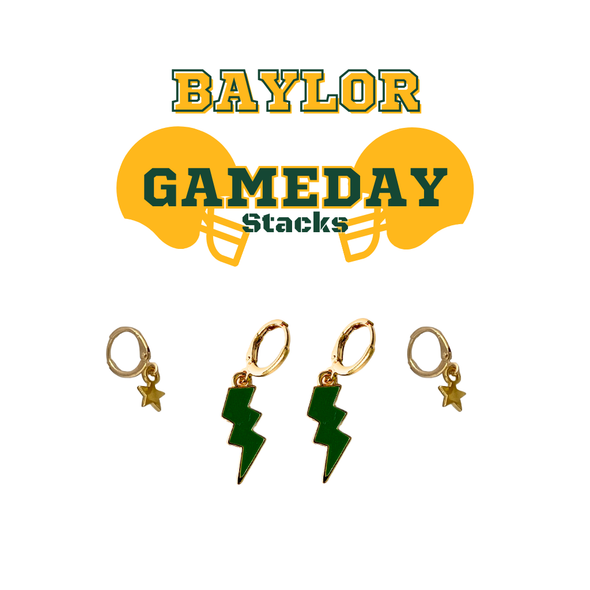 Baylor Classic Gameday Earring Stack with green mini enamel bolts and gold baby stars