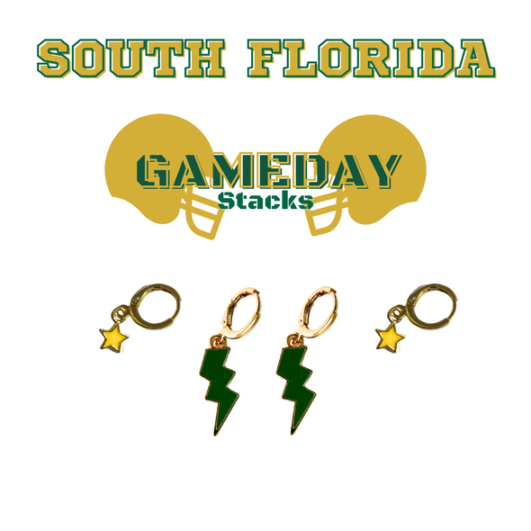 South Florida Classic Gameday Earring Stack with green mini enamel bolts and golden yellow baby stars