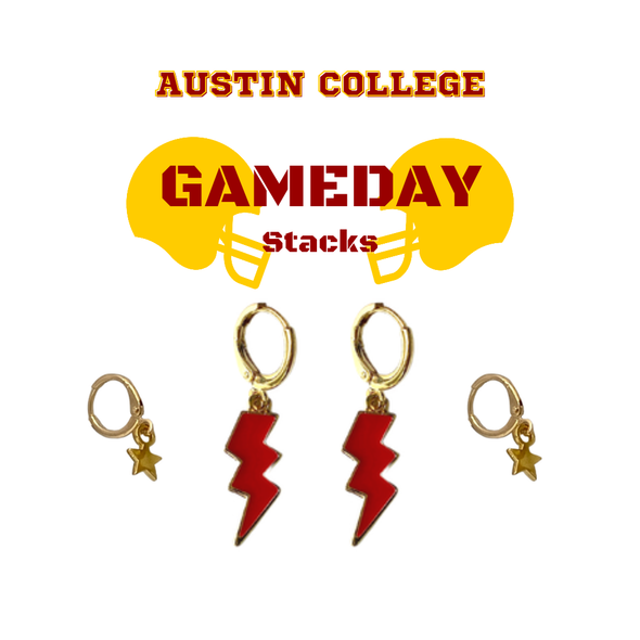 Austin College Classic Gameday Earring Stack in red and golden yellow, Kangaroos huggie hoop earrings