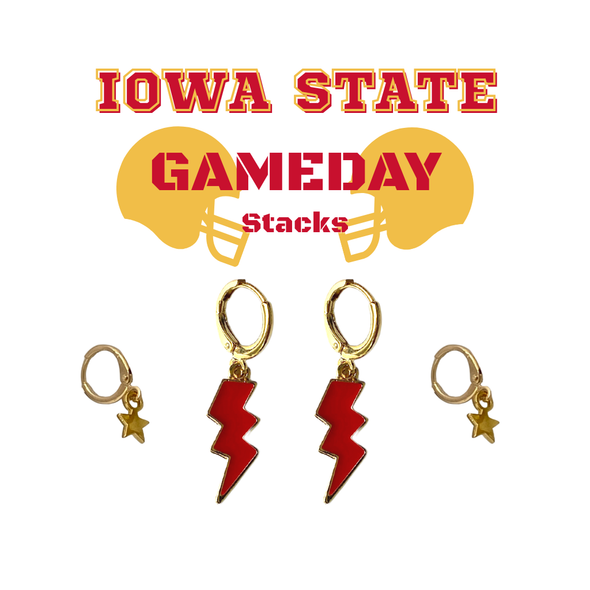 Iowa State Classic Gameday Earring Stack in red and golden yellow, Cyclones huggie hoop earrings