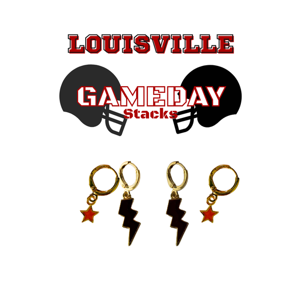 Louisville Classic Gameday Earring Stack with red mini enamel bolts and black baby stars