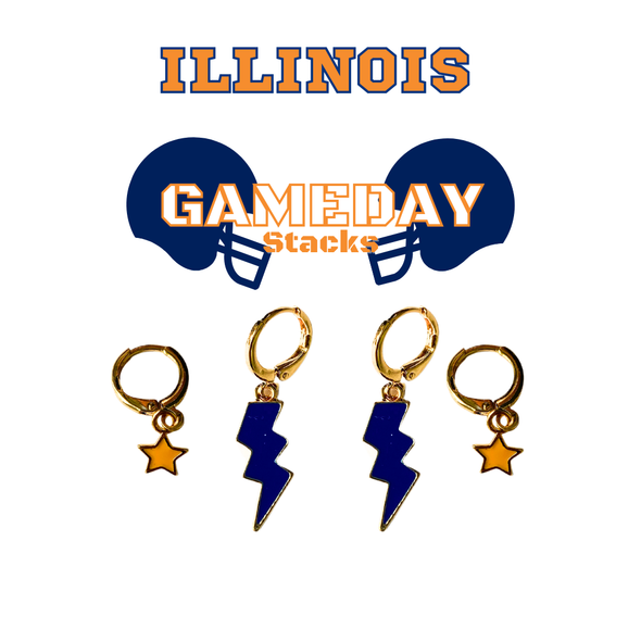 Illinois Classic Gameday Earring Stack with orange mini enamel bolts and navy baby stars