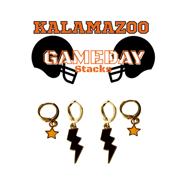 Kalamazoo Classic Gameday Earring Stack with black mini enamel bolts and orange baby stars