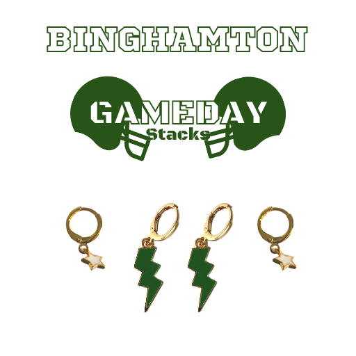 Binghamton University Classic Gameday Earring Stack in green and white, Bearcats huggie hoop earrings