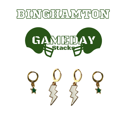 Binghamton University Classic Gameday Earring Stack in green and white, Bearcats huggie hoop earrings (view 2)