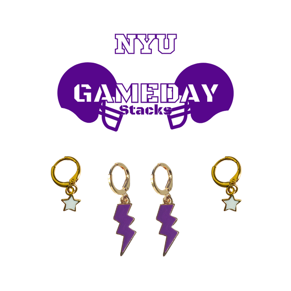 NYU Classic Gameday Earring Stack with purple mini enamel bolts and white baby stars