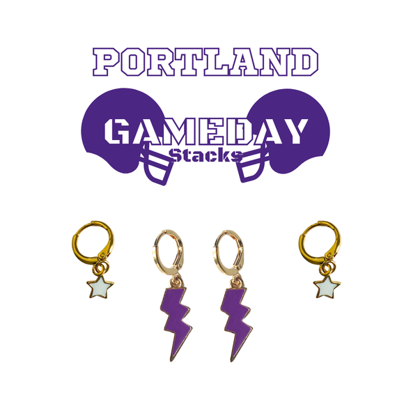 Portland Classic Gameday Earring Stack with purple mini enamel bolts and white baby stars