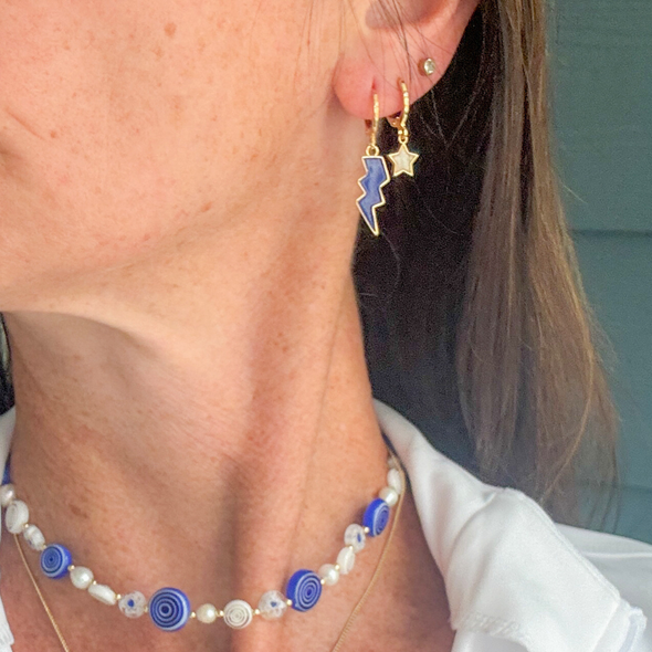 Wearing the Butler Classic Gameday Earring Stack for Bulldogs game day