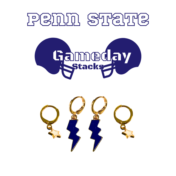 Penn State Classic Gameday Earring Stack with white mini enamel bolts and navy baby stars