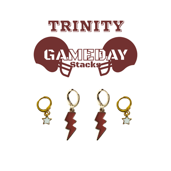 Trinity University Classic Gameday Earring Stack with maroon mini enamel bolts and white baby stars
