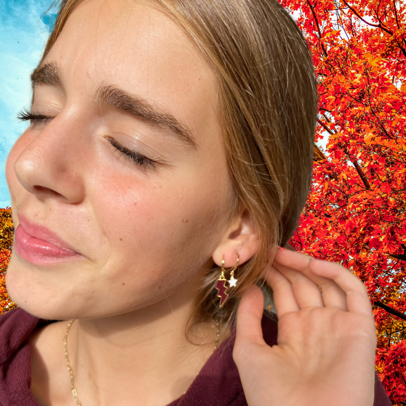 Wearing the Trinity University Classic Gameday Earring Stack for Tigers game day