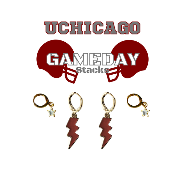 University of Chicago Classic Gameday Earring Stack with maroon mini enamel bolts and grey baby stars