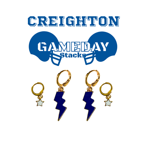 Creighton Classic Gameday Earring Stack with white mini enamel bolts and cobalt baby stars