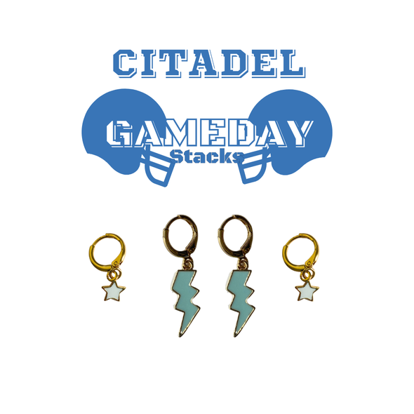 The Citadel Classic Gameday Earring Stack with baby blue mini enamel bolts and white baby stars