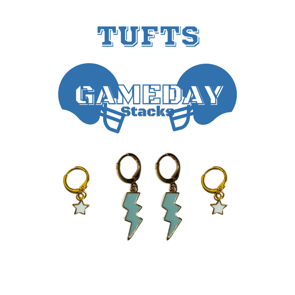 Tufts Classic Gameday Earring Stack with baby blue mini enamel bolts and white baby stars