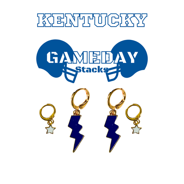Kentucky Classic Gameday Earring Stack with white mini enamel bolts and cobalt baby stars
