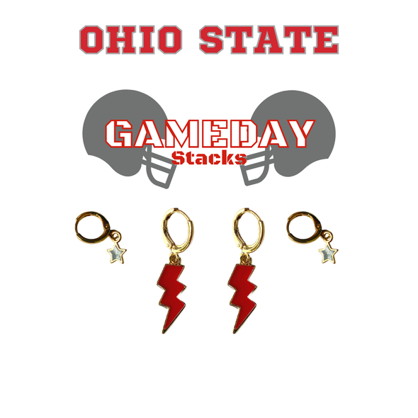Ohio State Classic Gameday Earring Stack with grey mini enamel bolts and red baby stars