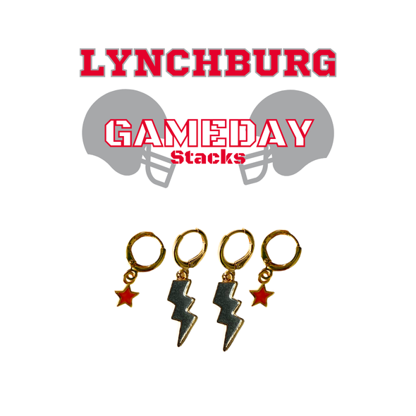 Lynchburg Classic Gameday Earring Stack with red mini enamel bolts and grey baby stars