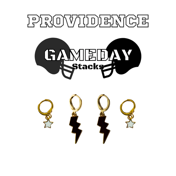 Providence College Classic Gameday Earring Stack with white mini enamel bolts and black baby stars