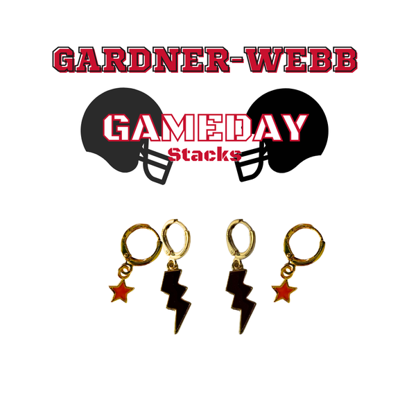 Gardner-Webb Classic Gameday Earring Stack with red mini enamel bolts and black baby stars
