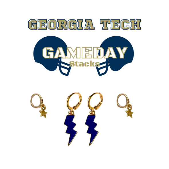 Georgia Tech Classic Gameday Earring Stack with navy mini enamel bolts and gold baby stars