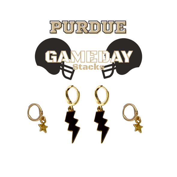 Purdue Classic Gameday Earring Stack with black mini enamel bolts and golden yellow baby stars