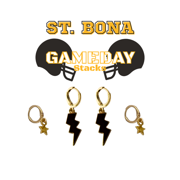 St. Bonaventure Classic Gameday Earring Stack with black mini enamel bolts and golden yellow baby stars