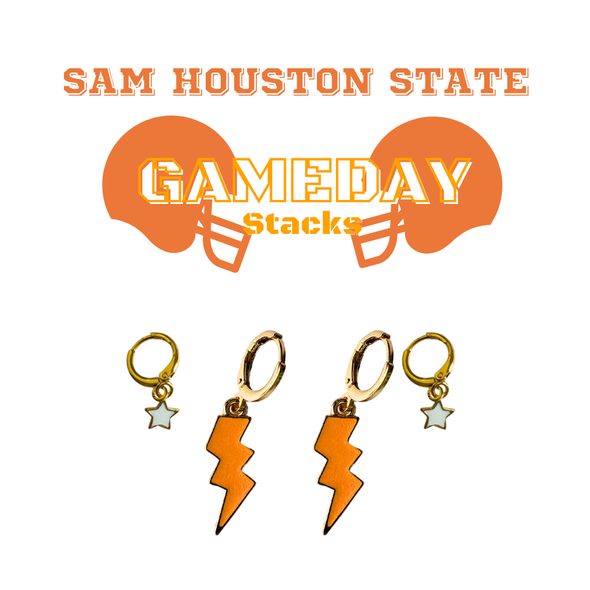 Sam Houston State Classic Gameday Earring Stack with orange mini enamel bolts and white baby stars