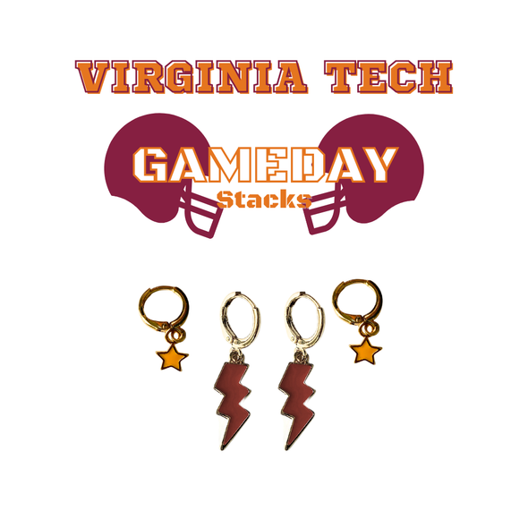Virginia Tech Classic Gameday Earring Stack with maroon mini enamel bolts and orange baby stars
