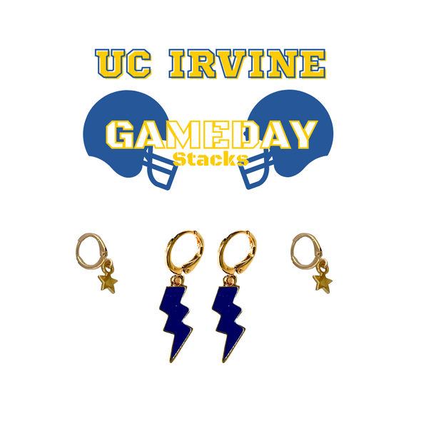 University of California, Irvine Classic Gameday Earring Stack in navy and golden yellow, Anteaters huggie hoop earrings