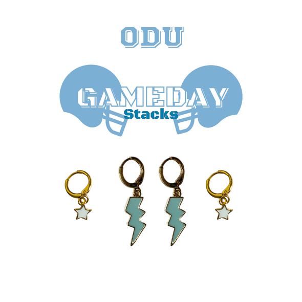 Old Dominion Classic Gameday Earring Stack with baby blue mini enamel bolts and white baby stars