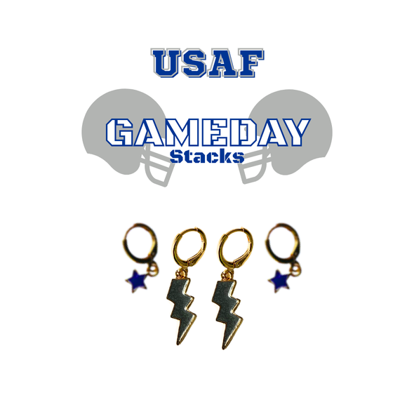 U.S. Air Force Academy Classic Gameday Earring Stack with navy mini enamel bolts and grey baby stars