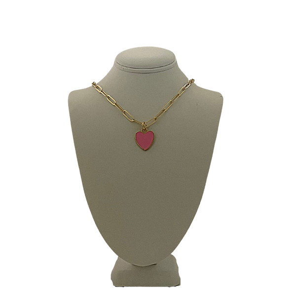 statement heart enamel pendant necklace in pink on stand