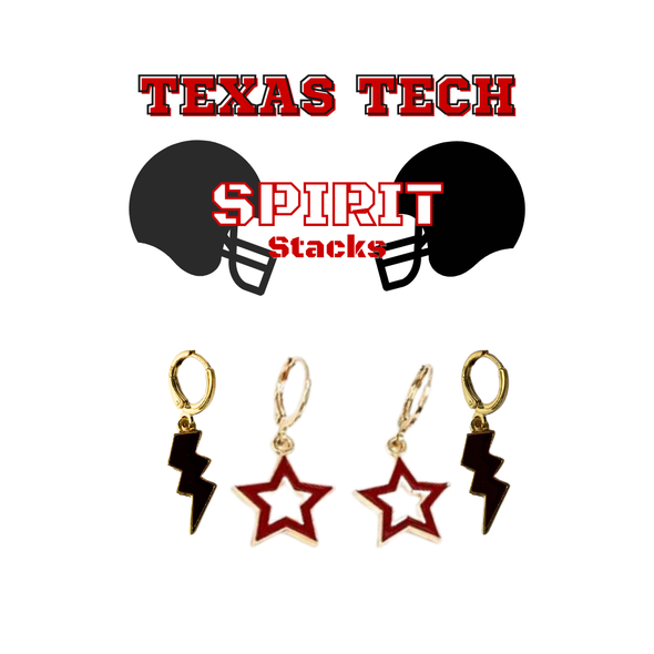 Texas Tech Spirit Earring Stack with red mini enamel bolts and black starboys