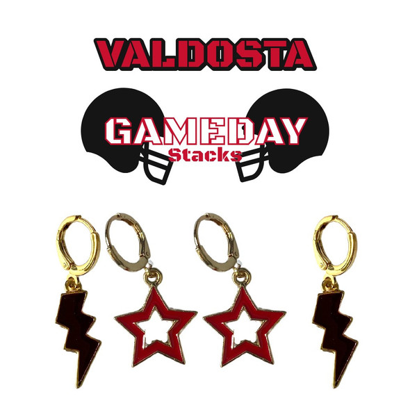 Valdosta Blazers Spirit Earring Stack: black mini enamel bolts and red statement open starboy huggies