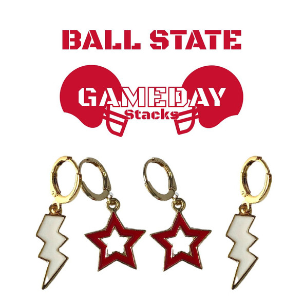 Ball State Cardinals Spirit Earring Stack: white mini enamel bolts and red statement open starboy huggies