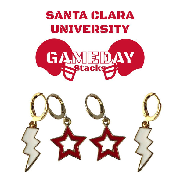 Santa Clara University Broncos Spirit Earring Stack: white mini enamel bolts and red statement open starboy huggies