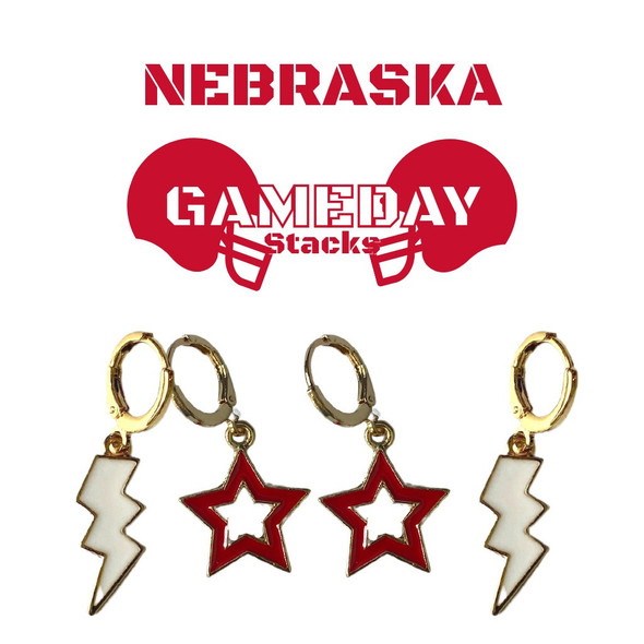 Nebraska Cornhuskers Spirit Earring Stack: white mini enamel bolts and red statement open starboy huggies