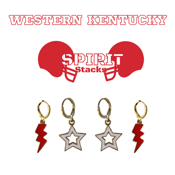 Western Kentucky University Spirit Earring Stack in white and red, Hilltoppers huggie hoop earrings (view 2)