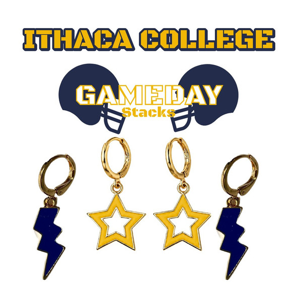 Ithaca College Bombers Spirit Earring Stack: navy mini enamel bolts and golden yellow statement open starboy huggies