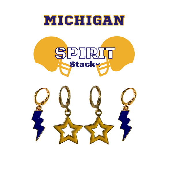 Michigan Spirit Earring Stack with navy mini enamel bolts and golden yellow starboys