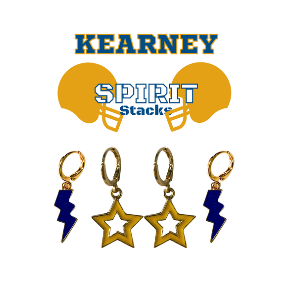 University of Nebraska at Kearney Spirit Earring Stack with navy mini enamel bolts and golden yellow starboys