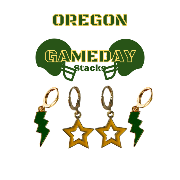 Oregon Spirit Earring Stack with green mini enamel bolts and golden yellow starboys