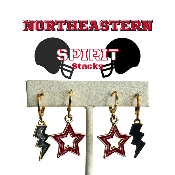 Northeastern Spirit Earring Stack with red mini enamel bolts and black starboys