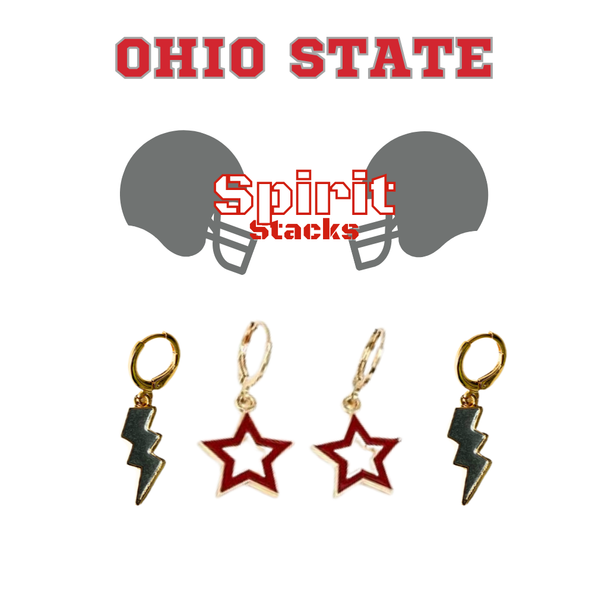 red statement open starboy earrings and grey enamel bolt earrings