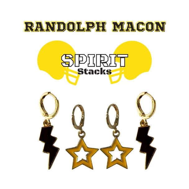 Randolph-Macon Spirit Earring Stack with golden yellow mini enamel bolts and black starboys