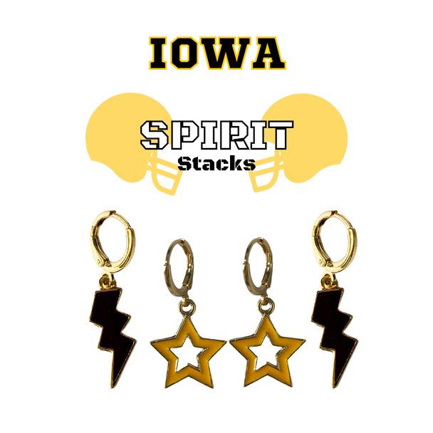 Iowa Spirit Earring Stack with golden yellow mini enamel bolts and black starboys