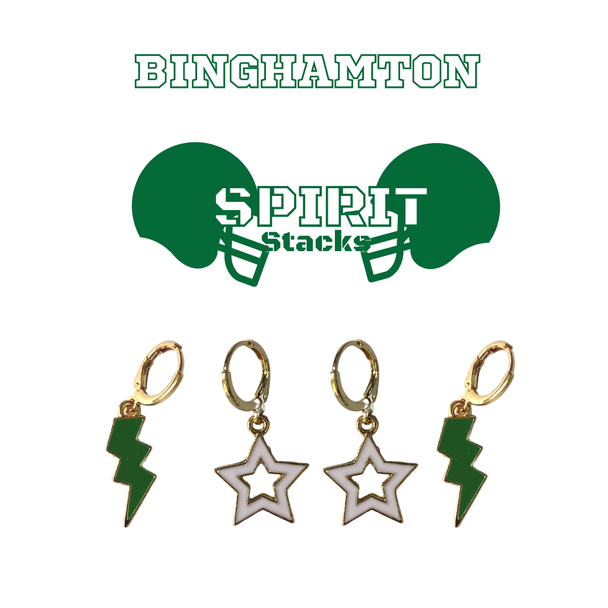Binghamton University Spirit Earring Stack in green and white, Bearcats huggie hoop earrings